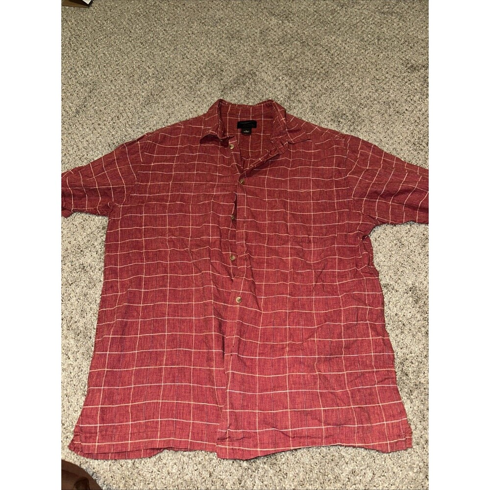 Cezani Shirt Mens Large Linen Cotton Short Sleeve Lines Button Up  Red Button Up